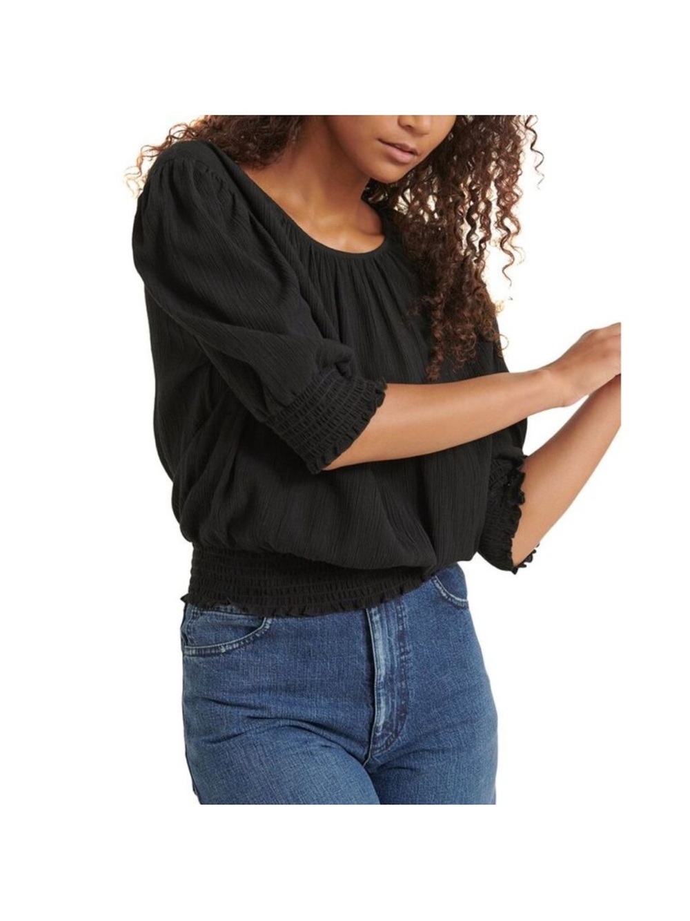 Modern Citizen Jesy Smocked Puff Sleeve Blouse Top Black Extra Small